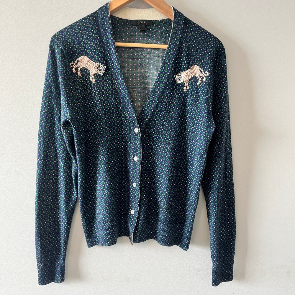 J. Crew Tippi Tiger Embroidered Cardigan Sweater Navy Blue L Merino Wool